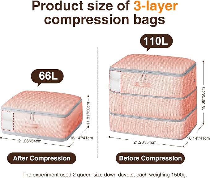 2 Pack Compression Storage Bags - 110L Large Capacity Comforter Storage Bag, 3-Layer Washable Ultra Space Saving Self Compression Organizer Space Bags for Blankets, Sweaters, Sheets, Pink - Image 2