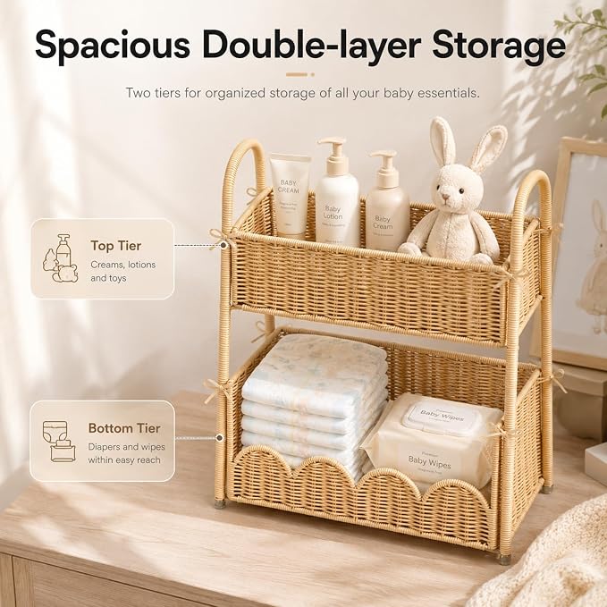 2-Tier Diaper Caddy Organizer, Handwoven Nursery Storage Basket | PE Rattan Diaper Caddy with Side Handles, Large Changing Table Organizer for Diapers, Wipes and Baby Essentials - Image 3