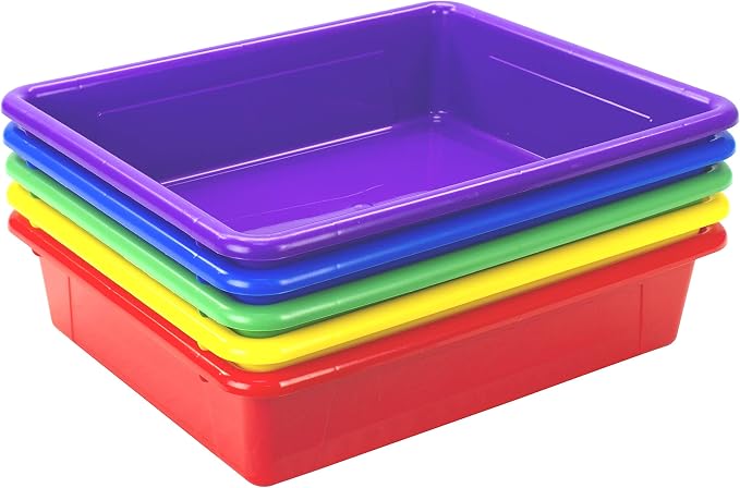 Storex Letter Size Flat Storage Tray – Organizer Bin with Non-Snap Lid for Classroom, Office and Home, Assorted Colors, Pack of 5 (62534U05C) - Image 5