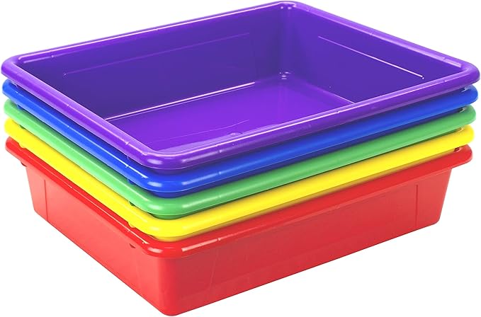 Storex Letter Size Flat Storage Tray – Organizer Bin with Non-Snap Lid for Classroom, Office and Home, Assorted Colors, 5-Pack (62534A05C) - Image 5