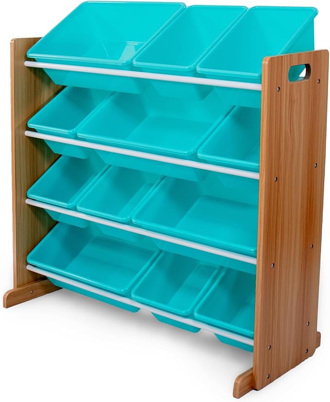 Humble Crew Kids Toy Organizer with 12 Bins, 4 Tier Storage for Playroom | Sturdy wood and steel toddler shelf, removable BPA-free containers, wall anchor anti-tip safety kit for bedroom or classroom by HumbleCrew