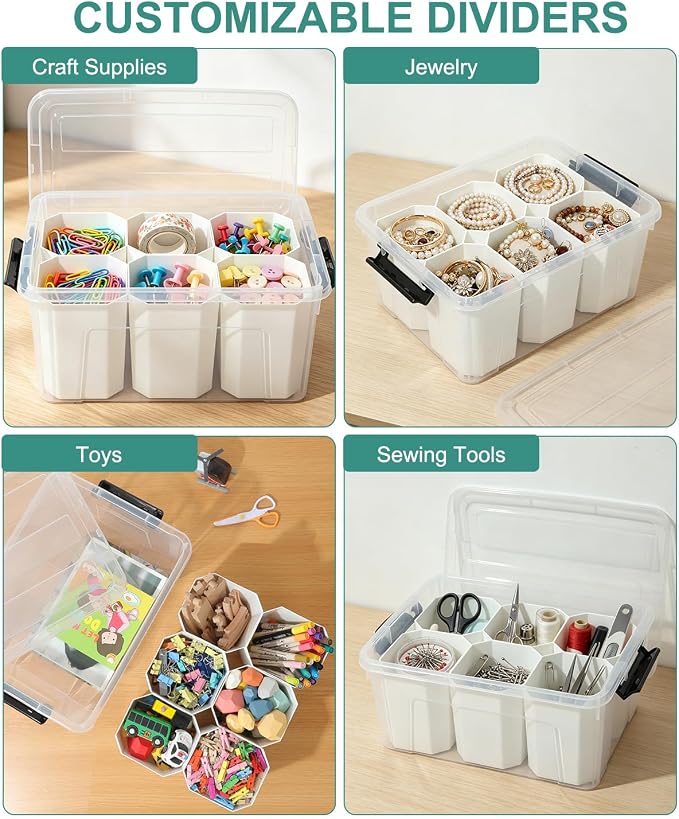 EOENVIVS Clear Storage Bins with 6 Tall Inserts, Stackable craft organizers and storage Box, Plastic Storage Totes with Lids and Handles for Crafts, Jewelry & Sewing, Art Supplies, Markers, Pens - Image 7