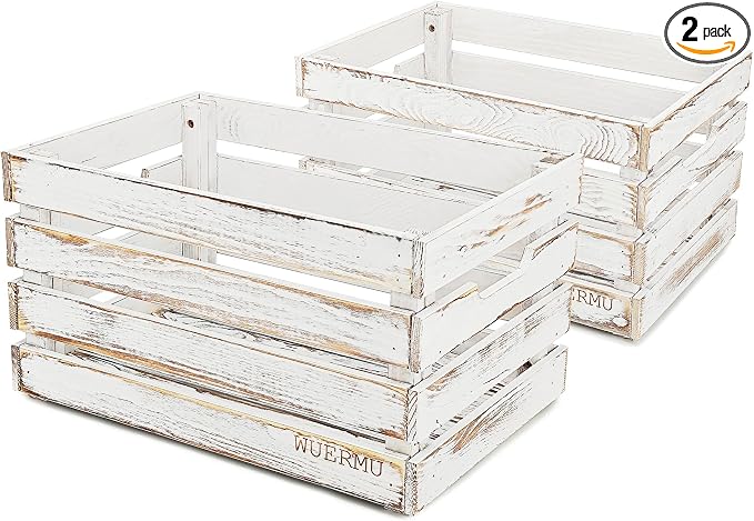 White Wooden Crates are Suitable for Storage, Milk Crates, Wine Crates, Festival Decorations, Camping, and Other Multi-Purpose. They are Sturdy and Durable, set of 2 Length of 17.7 inches. by WUERMU