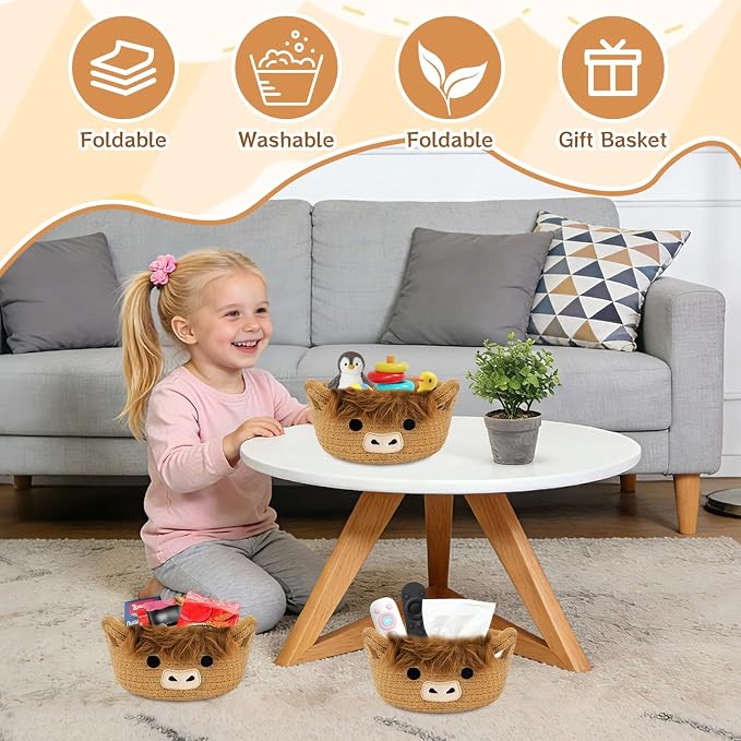 3 Pack Small Highland Cute Cow Storage Baskets for Organizing Gift Basket | Woven Decorative Nursery Shelves Rope Cotton Storage Bins for Gifts Empty, Mini Burr Baby Shower with Handles,7 IN - Image 5