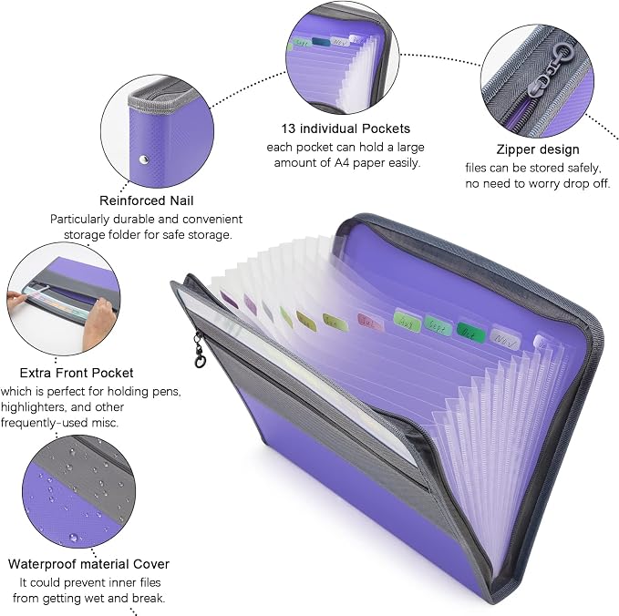 NAFY Accordion File Organizer, 13 Pockets Expanding File Folder with Zipper, A4 Letter Size Portable Accordion Expanding File Folders with 27pcs Multicolor Labels for Office School Supplies (Lavender) - Image 3