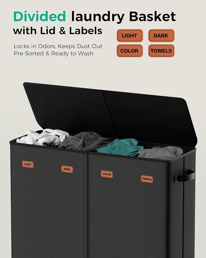 185L Laundry Hamper 4 Section with Lid & Removable Bags | Collapsible laundry basket organizer for laundry room, bedroom & dorm with 5 removable washing bags - Image 3