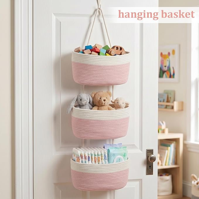 TeoKJ Over the Door Hanging Basket, 3-Tier Woven Cotton Wall-Mounted Storage Organizer Bag Decorative Hanging Nursery Baskets, Pink & White - Image 4