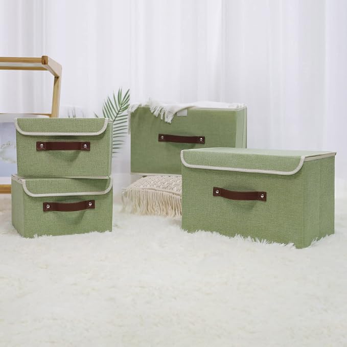 ANMINY Fabric Storage Box Bins with Lids, Green, 10"x8"x7", 2 Pack | Keepsake Memory Storage, Cotton Linen, PP Board Reinforced, Washable, PU Handles, Foldable & Stackable, Decorative, Small - Image 7