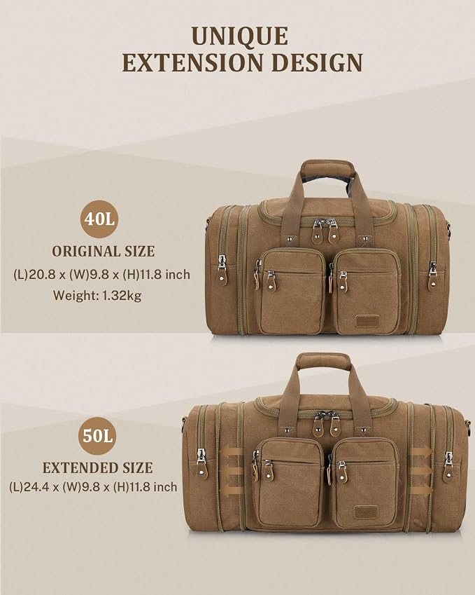 Gonex Duffle Bag for Travel, Expandable 50L Overnight Weekender Gym Bag | Water-Resistant Canvas, Wet-Dry Pocket, Luggage Sleeve, Carry-On Size, Detachable Strap, Coffee - Image 3
