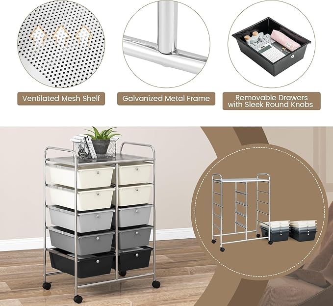 10 Drawer Rolling Cart, Storage Cart Organizer on Wheels, Drawer Cart with Metal Frame & Large Storage Capacity, Rolling Cart with Drawers for Living Room Classroom, Office - Image 7