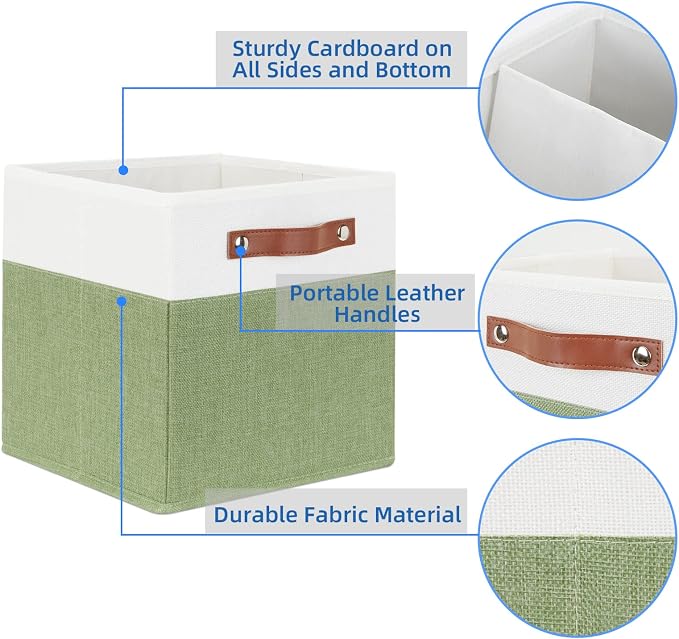 Temary Fabric Storage Bin 11x11 Cube Storage Bins for Home, 4 Pack Fabric Organizer Bins Cube Organizer Bins with Leather Handles Decorative Storage Bins for Shelf (White&Green) - Image 3