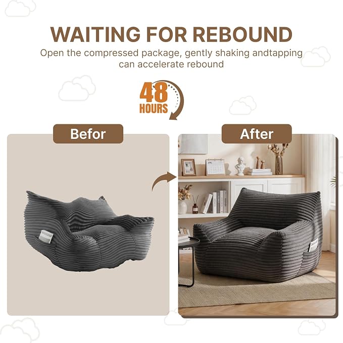 Bean Bag Chair for Adults & Kids, Giant Bean Bag Sofa with Side Pocket, Corduroy Beanbag Chair with Armrests, Comfy Stuffed Floor Sofa for Living Room Bedroom Dorm, Gray - Image 8