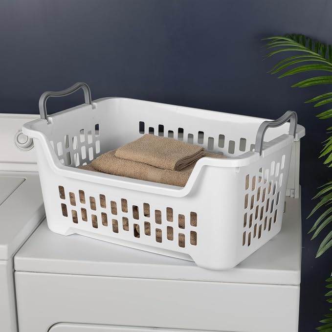 Sterilite 12 Pack Stacking Laundry Basket, 2 Bushel Clothes Hamper, White | Stackable Laundry Basket, Large Rectangular Storage Bin with Carrying Handles and Large 2 Bushel Capacity - Image 5