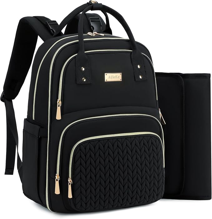 AIJIEKE Diaper Bag Backpack, Large Multi-functional Diaper Backpack, Black | Waterproof lightweight baby backpack. With changing pad, stroller straps, insulated & wet/dry pockets. Mom & dad essential by AIJIEKEDirect