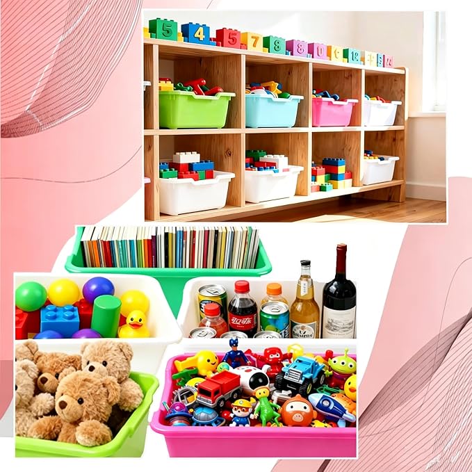 4 Pack Plastic Cubby Bins, Stackable Storage Bins with Adhesive Label Toy Book Organizer Baskets for Classroom, Library, Playroom, Home & Office Organization (Four colors) - Image 6