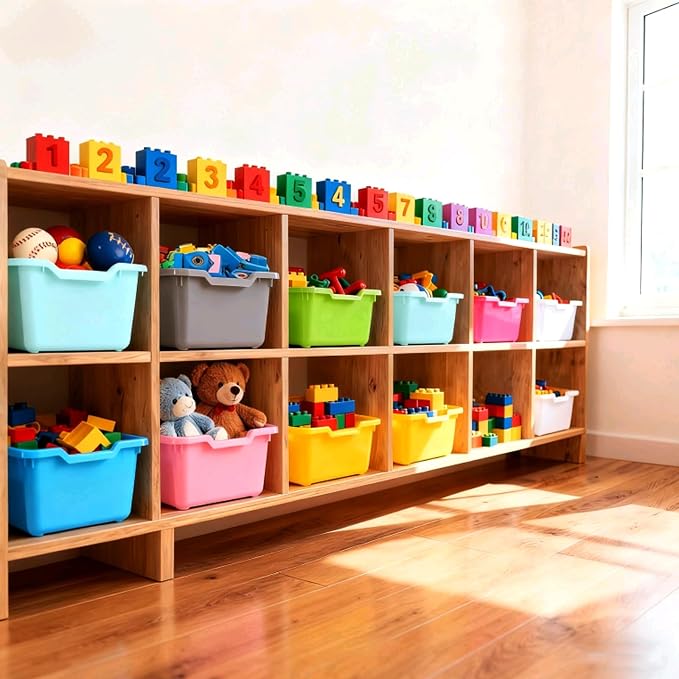 24 Pack Plastic Cubby Bins, Stackable Storage Bins with Adhesive Label Toy Book Organizer Baskets for Classroom, Library, Playroom, Home & Office Organization (Twelve Colors) - Image 7