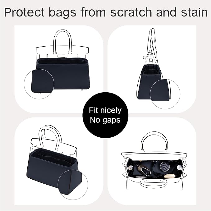 Fits for Brikin Bag Insert Organizer For Hermes(25 R,Blue Nuit) | Premium Silk Material,Smooth Touch,Lightweight,zipper,protect from scratches & stains,multiple pockets,keychain,waterproof - Image 4