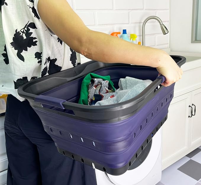 SAMMART 42 (11 Gallons) Collapsible Plastic Laundry Basket, Foldable Pop Up Storage Container/Organizer, Space Saving Hamper, Portable Bin for Dorm Room Bathroom (1, Black/Dark Purple) - Image 3