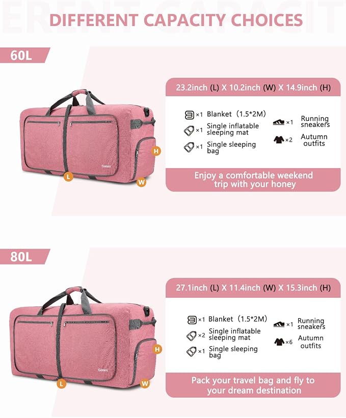 Gonex 150L Foldable Travel Duffle Bag with Shoe Compartment, Lightweight | 210D Nylon, Water-Repellent, Folds Compact, Multiple Pockets, Luggage Sleeve,Family Travel & Camping, Coral Pink - Image 2
