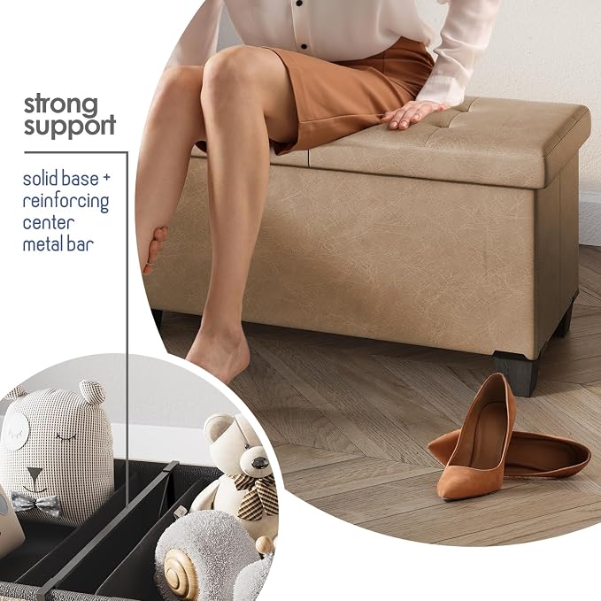 Storage Ottoman Bench with Bins, 43-in Storage Bench for Bedroom End of Bed, Folding Foot Rest Ottoman for Living Room Max 660lbs, Leather Ottomans, Taupe - Image 5