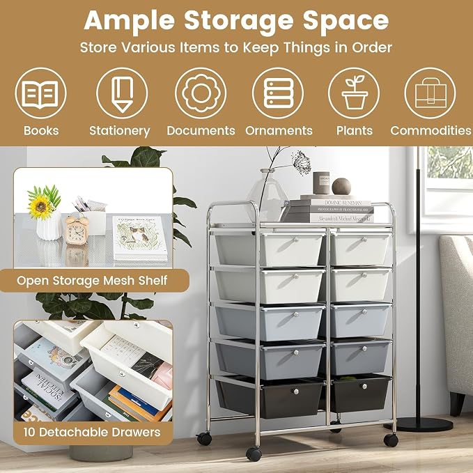 10 Drawer Rolling Cart, Storage Cart Organizer on Wheels, Drawer Cart with Metal Frame & Large Storage Capacity, Rolling Cart with Drawers for Living Room Classroom, Office - Image 5