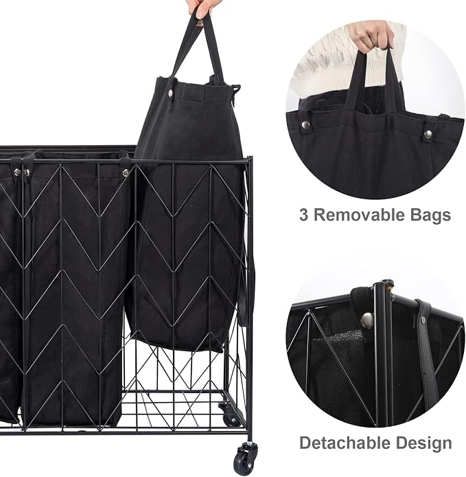 WOWLIVE Laundry Hamper 3 Section with Lid, 142L Laundry Basket with Wheels | Rolling Dirty Clothes Hamper with Removable Bags, Large Iron-Made Laundry Basket Organizer Laundry Sorter for Dorm, Black - Image 5