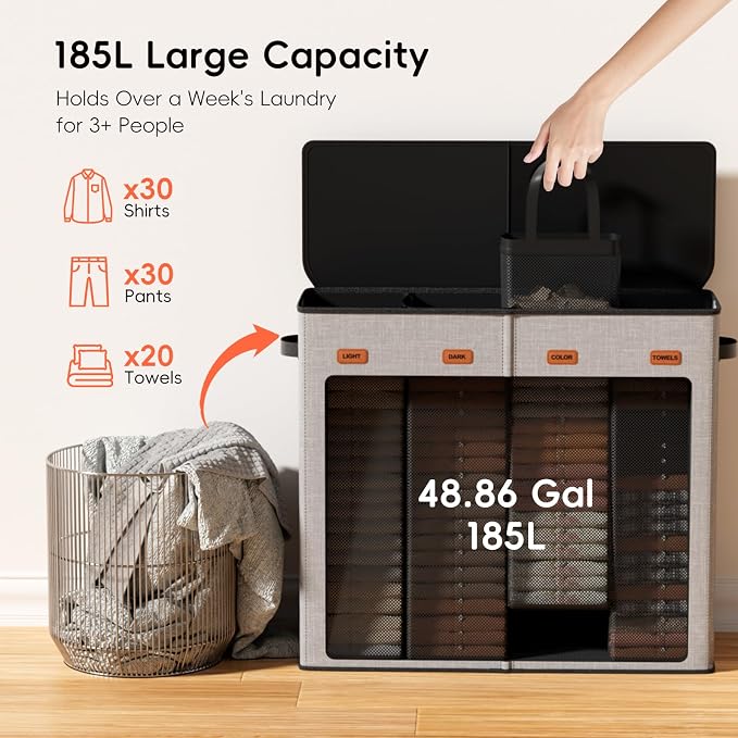 Laundry Hamper 4-Section with Lid, 185L Laundry Sorter with 4 Removable Bags + 1 Extra Large Bag, Switchable 3/4 Compartment, Laundry Basket Organizer for Bedroom, Laundry Room，Grey - Image 3