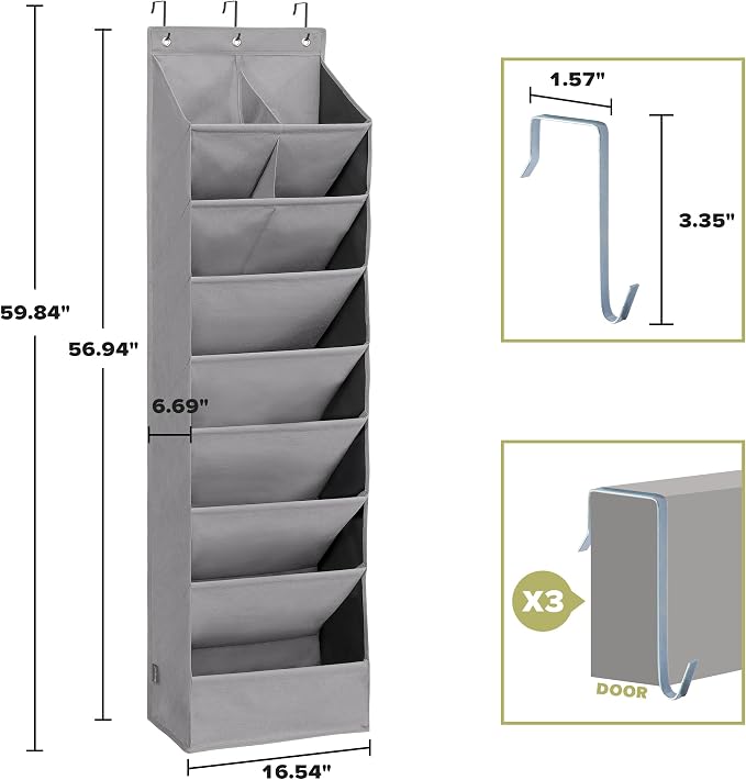 Over Door Organizer with 10 Extra Large Pockets, 23 Pairs Shoes Large Capacity Hanging Storage Organizer for Shoes, Diapers, Dark Grey, 8 Layers, 2-Pack - Image 2