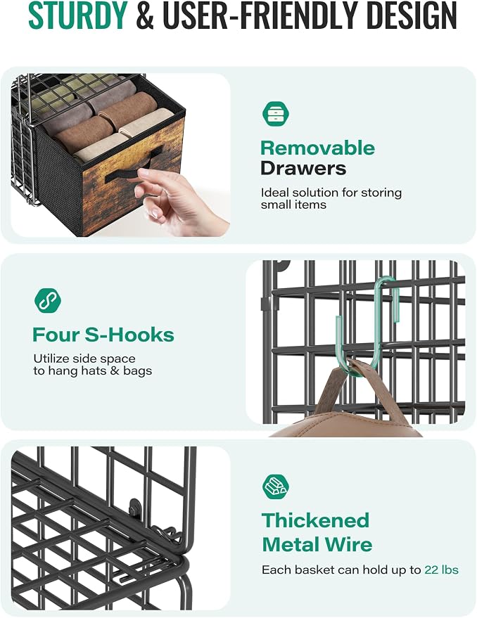 Hanging Closet Organizer with Drawers, 4 Tier Metal Closet Organizers and Storage with 4 Hanging Hooks 4 S-Hooks for Wardrobe Laundry Room, Wire Storage Shelf for Clothes Sweaters Pants (Black) - Image 3