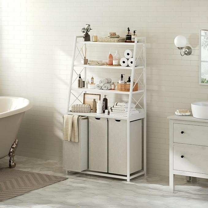 Herture 3 Section Laundry Hamper Laundry Basket with 4 Tiers Shelf | Laundry Sorter with Pull-Out Removable Large Bags, 4 x 15.87 Gallons, Metal Frame, for Laundry Room Bathroom, White PF05XLW - Image 7