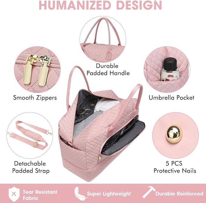 Initial Travel Duffle Bag for Women - Pink Personalized Weekender bags Overnight Bag with Shoe Compartment & Wet Pocket Weekend Tote Bags with Toiletry Bag Monogram Xmas Gifts (Letter M) - Image 3