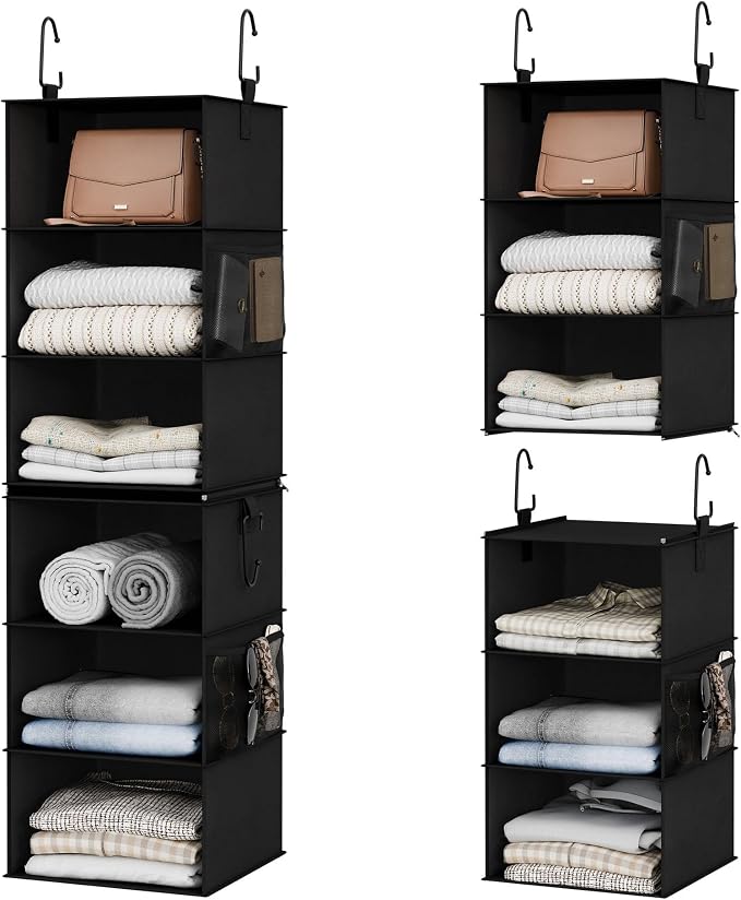 StorageWorks Hanging Closet Organizer 6-Shelf, Separable Two 3 Shelf Closet Storage Organizer with Side Pockets, Portable Hanging Shelves for Clothes, Sweater,12 1⁄2" D x 12 1⁄2" W x 47 ¼"H, Black by StorageWorks