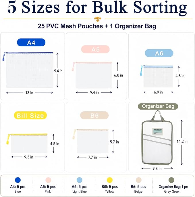 25 Pack PVC Mesh Zipper Pouches with 1 Organizer Bag, 26pcs | A4 A5 A6 Bill B6 Translucent PVC Pouches for Board Game Organization Puzzle Storage Cards Crafts and Project Parts - Image 2
