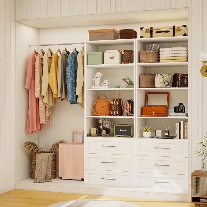 Closet System with 3 Drawers & 4 Shelves, Wood Closet Organizer System with 1 Extra Hanging Rod for Walk in Closet, Modular Closet Organizer System White(2FT) - Image 6