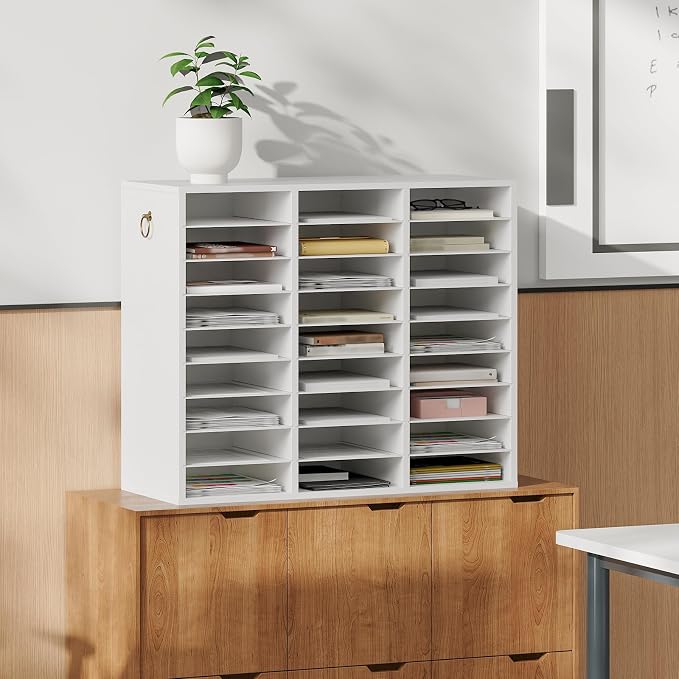 HOOBRO Literature Organizer, 27 Compartments Wooden Mail Organizer, Countertop Literature Sorter with Adjustable Shelves for Home, Office, School, Student Mailbox for Classroom, White WT27WF01 - Image 3