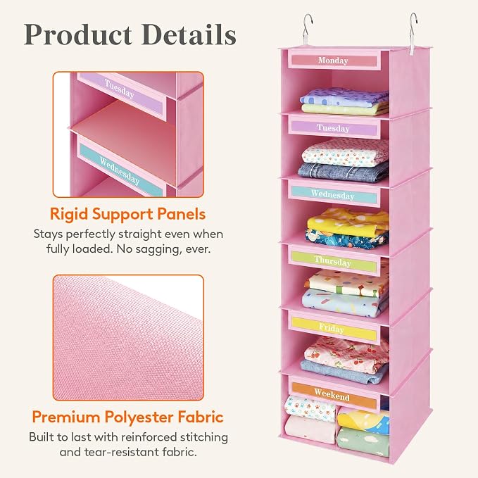 Lifewit 6 Shelf Weekly Hanging Clothes Storage Organizer for Kids, Pink | Closet Storage with Color Labels for School Outfits, Daily Clothing Divider with Days of The Week Monday to Friday Weekend - Image 2