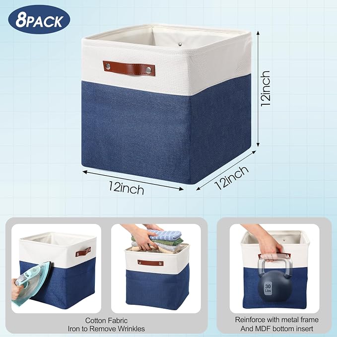 Uiifan 8 Pack 12 x 12 x 12 Inch Large Storage Baskets Collapsible Fabric Storage Cubes Bins with Handles for Shelves Closets Nursery Home Clothes Toys Organizers, Blue - Image 3