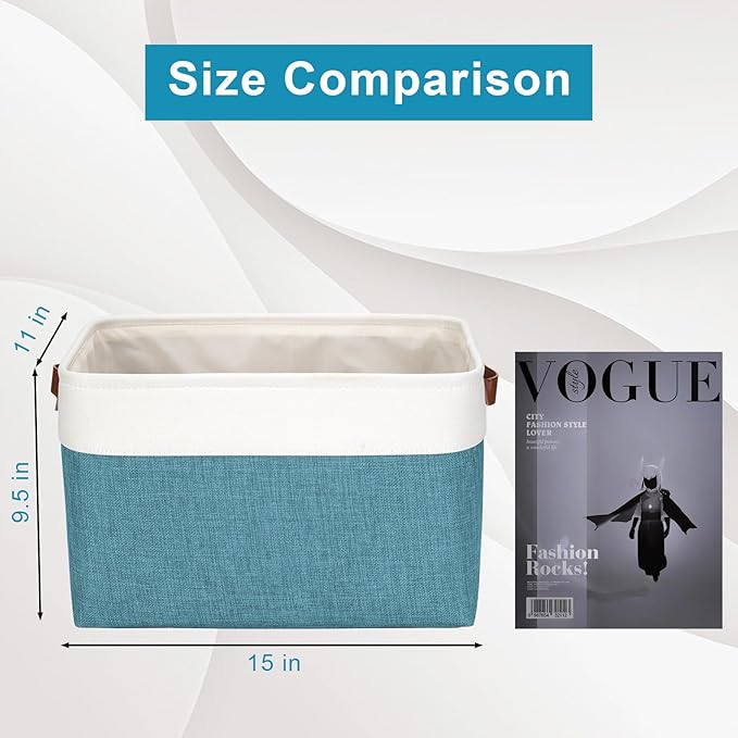 Storage Bins Large Fabric Storage Baskets for Shelves 3 Pack, Decorative Linen Closet Baskets with Handles for Organizing, Shelf, Clothes, Home, Office, 15x11x9.5Inches (Teal&White) - Image 3