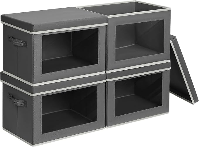 Stackable Storage Bins with Lids - Large Storage Box with Lids, Foldable Closet Boxes for Organizing, Wardrobe Clothes Organizer with Window, Cubes Bins for Living Room, 4 Pack, Dark Grey by Homsorout