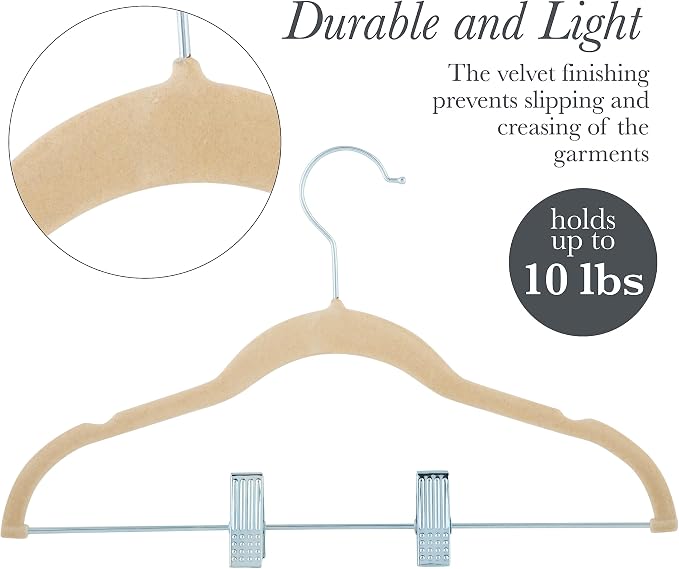Simplify 60 Pack Children's Velvet Hangers | Durable | Lightweight | Non-Slip | Nursery | Shirt | Pants | Tank Top | Ivory | Clips | Closet Organization - Image 3