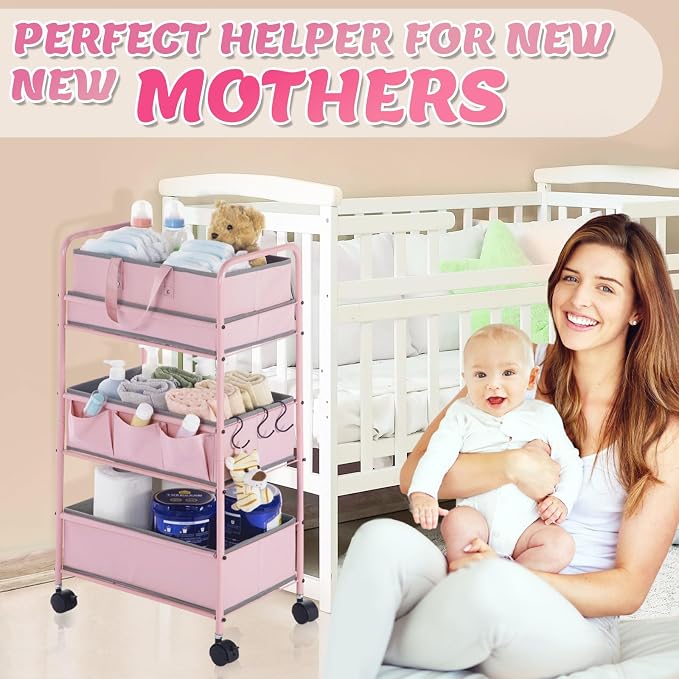 Honeydak 2in1 Baby Diaper Caddy Organizer Cart 3 Tier Large Capacity Metal Utility Bedside Rolling Cart with Divider Newborn Registry Nursery Essential Must Have Crib Bedroom Baby Shower(Pink) - Image 5
