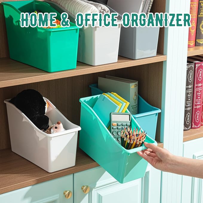 Geetery 50 Pcs Book Bin for Classroom with Labels Stackable Plastic Organizing Bins 11.5 x 5.4 x 7.5 in Book Holders Storage Bins Box Baskets for Classroom Library Home (Morandi Color) - Image 4