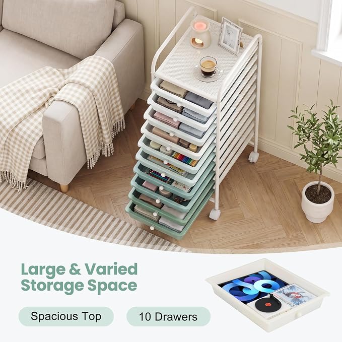GOFLAME 10-Drawer Rolling Storage Drawer Cart, Utility Cart with Removable Drawers & Metal Frame, Mobile Art Craft Drawer Cart with Lockable Wheels for Home, Office, Studio, School, Green Gradient - Image 4