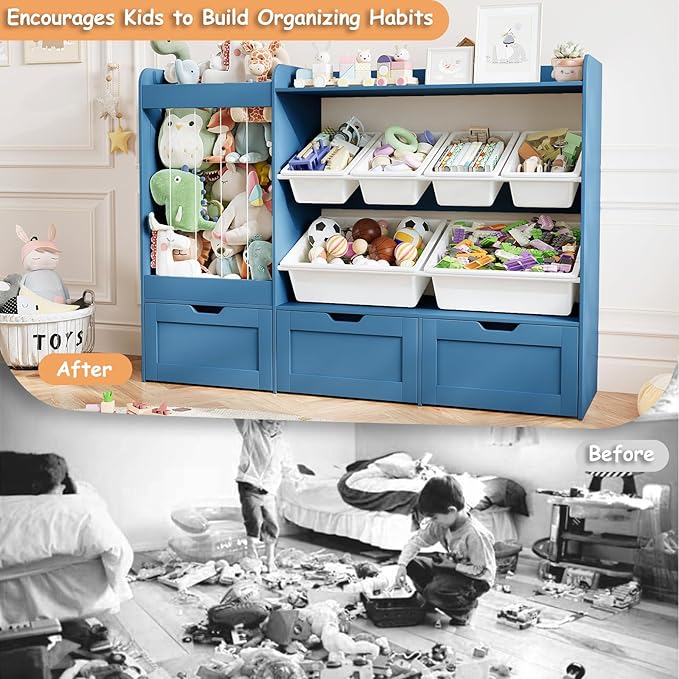 VontinT 50.6" W Montessori Toy Storage with Bins & Rolling Drawers, Wooden | Large Toy Cabinet with 6 Plastic Bins, 3 Rolling Boxes, 140L Stuffed Animal Storage, Toddler Rack for Kids Playroom, Blue - Image 6