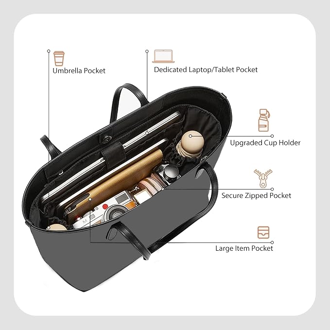 Tote Bag Organizer Insert with Laptop Sleeve for Lv Neverfull MM | Nylon Neverfull MM Organizer, 6 Compartments Storage, Zipper Pocket, Bottle Holder, Fits 13 Inch Laptop, Bag Protector, Black - Image 6