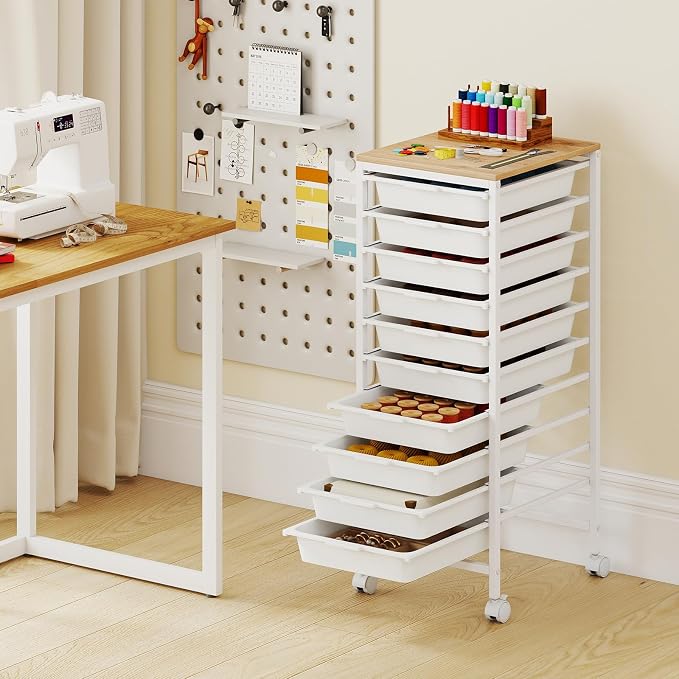 GOFLAME 10-Drawer Rolling Storage Cart, Craft Storage Cart with Wooden Tabletop and Lockable Wheels, Art Cart Supply Storage Organizer with Metal Frame for Home Office Classroom, White - Image 2