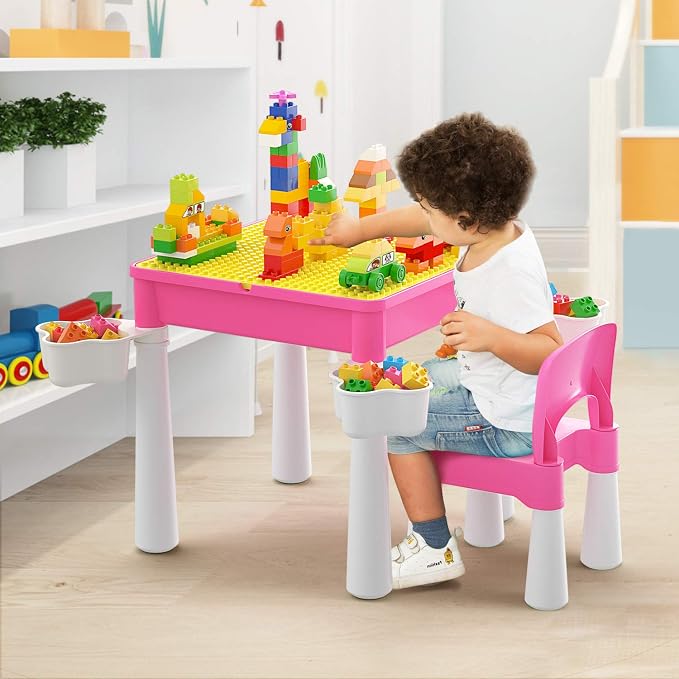 burgkidz Toddler Building Table Set: 1 Chair 128 Blocks 4 Storage Bin Pink | Leakproof top sand/water. Sturdy ABS, smooth edges. 4 storage bins (1/leg) & 128 bricks. Ideal 3+ yrs. Great gift - Image 4