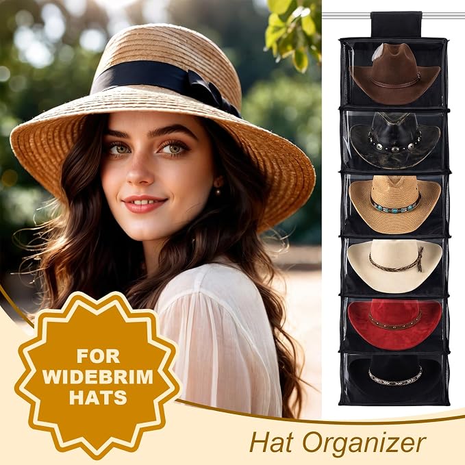 Briwooody 2 Pack XL Cowboy Hat Rack for Closet, 6 Shelf Hanging Hat Organizer for Wide Brim Caps, Dustproof Storage with Cover, Space Saving Closet Organizer for Cowboy Fedora Western Caps - Image 7