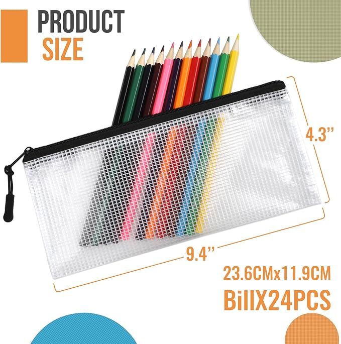 24pcs Mesh Zipper Pouch Bags 9.3 x 4.7 Inches, Black Small Clear Pouches Bulk, Travel Cosmetics Organization, Classroom and Office Supplies - Image 3
