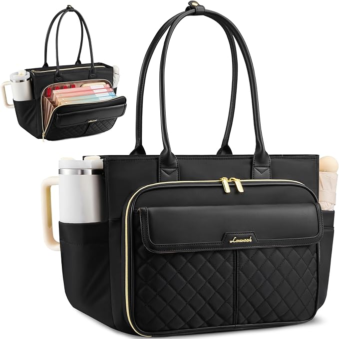 LOVEVOOK Laptop Tote Bag for Women with Accordion File Area, Work Bag for Teacher with Large Cup Holder, Quilted Nurse Diaper Bag for Travel, Computer Women's Handbags for Teacher Gift, 17.3 Inch by LOVEVOOK